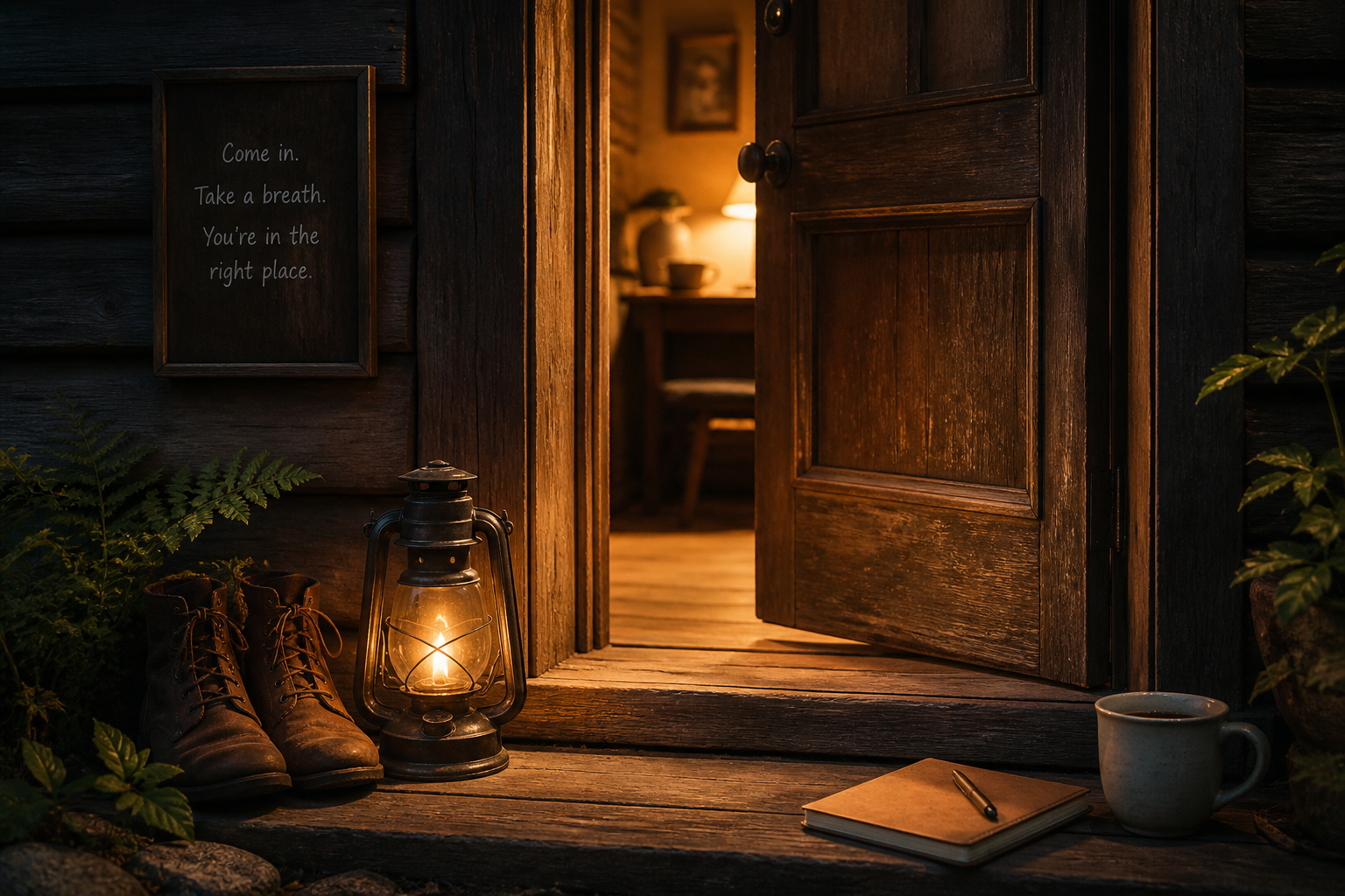 A cosy wooden porch scene at dusk with an open door, a lantern, a pair of boots, a notebook and pen, and a mug. Inside, a lit lamp, table, chair, and framed picture. A chalkboard sign reads, 'Come in. Take a breath. You're in the right place.'