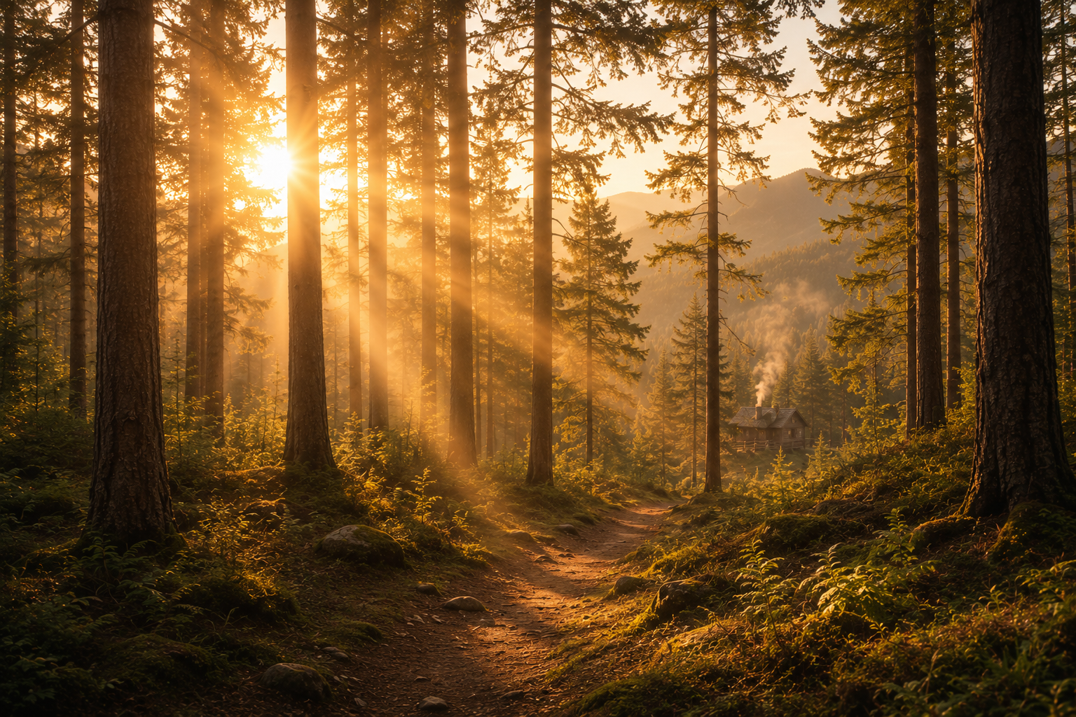 Sunlight streaming through tall trees in a forest during sunset, with a dirt path and a small cabin in the distance.