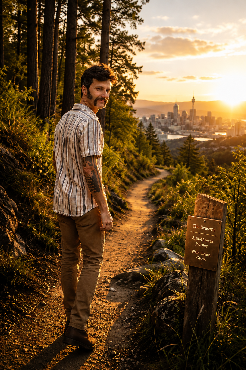 JBY owner, wearing his moustache, and a tattoo on his arm stands on a dirt trail in a wooded area during sunset. In the background, a city skyline with tall buildings. A sign on the trail reads: "The Seasons: A 10-12 week journey. Walk. Learn. Grow.