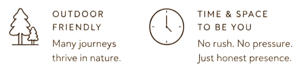 Inspirational outdoor quote about nature and presence, featuring a tree illustration and a clock icon.