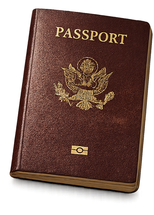 A passport with gold text and emblem on the cover, resting at an angle.