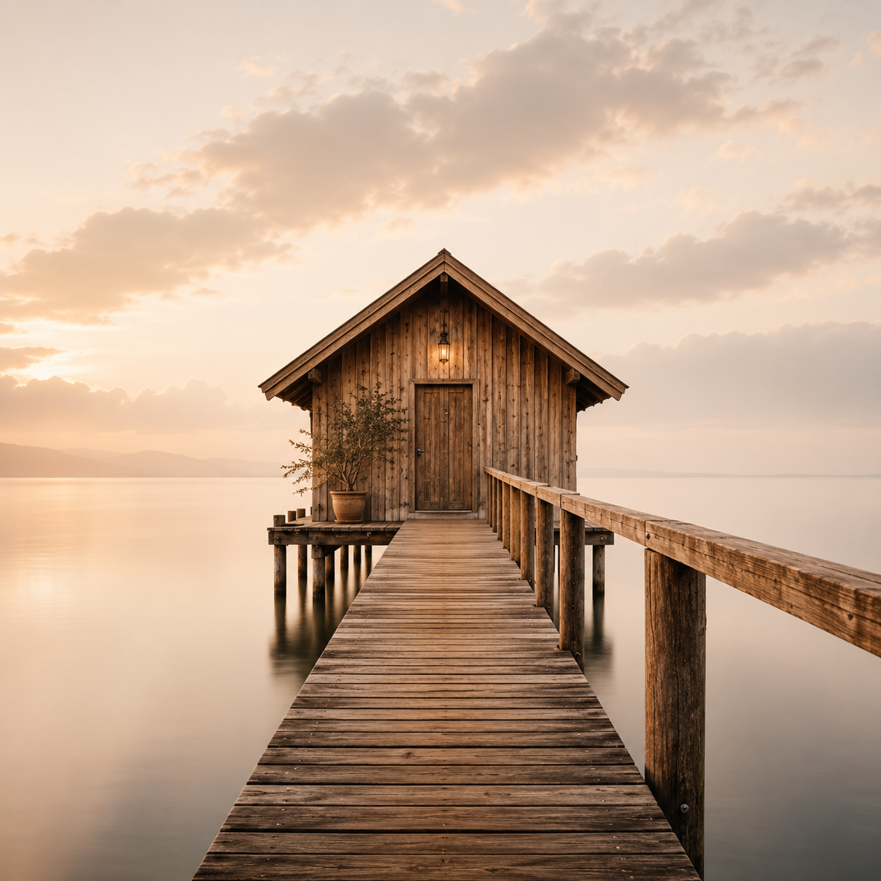 A wooden boathouse on stilts at the end of a pier extending over a calm body of water at sunset, with clouds in the sky and distant mountains in the background.