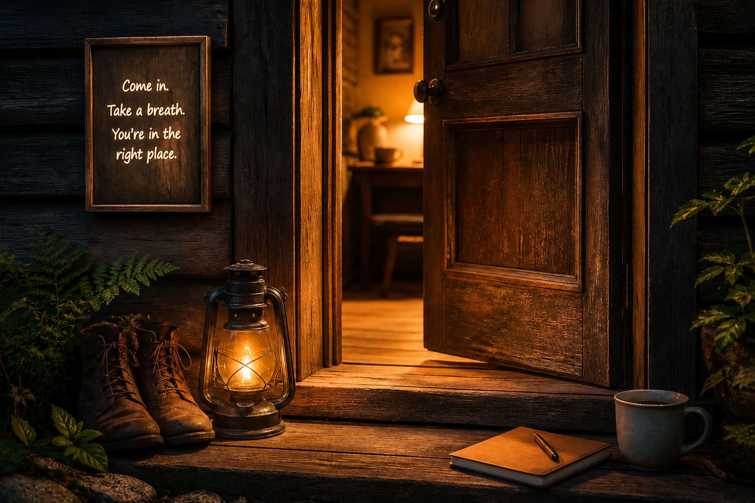 A cozy cabin porch with a pair of brown boots, an oil lantern, a coffee mug, a notebook, and a pen. The open door reveals a warmly lit interior with a table and a lamp. A sign on the wall reads: 'Come in. Take a breath. You're in the right place.'