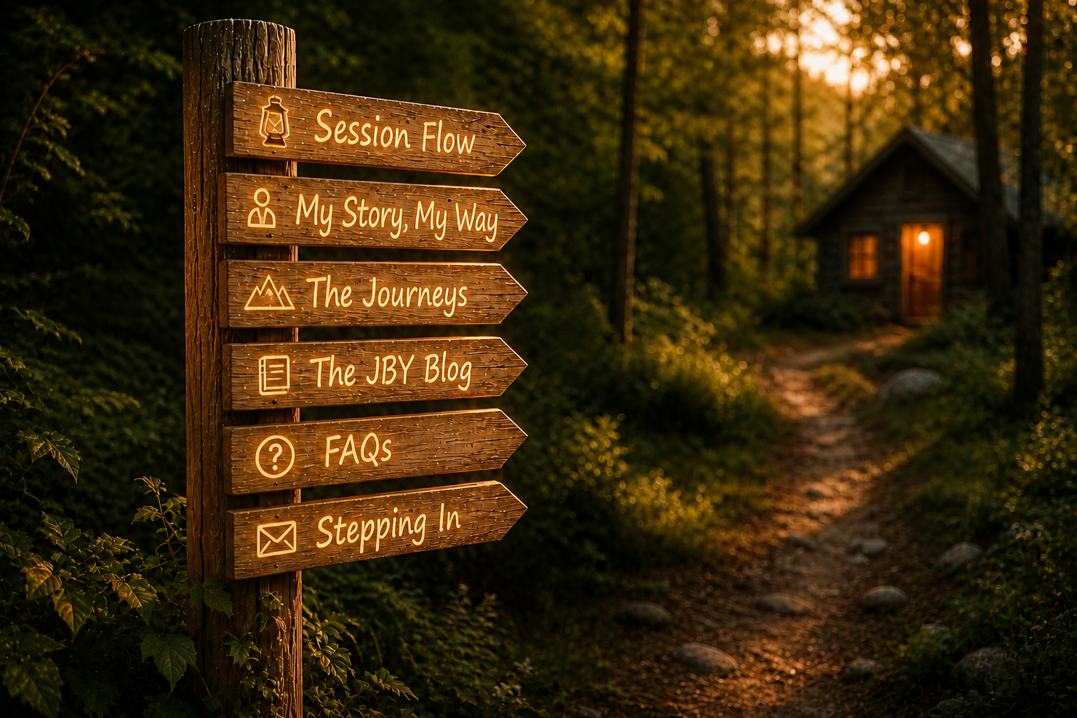 Wooden signpost with illuminated labels pointing along a forest trail at sunset, including 'Session Flow,' 'My Story, My Way,' 'The Journeys,' 'The JBY Blog,' 'FAQs,' and 'Stepping In,' with a small cabin with lit windows visible in the background.