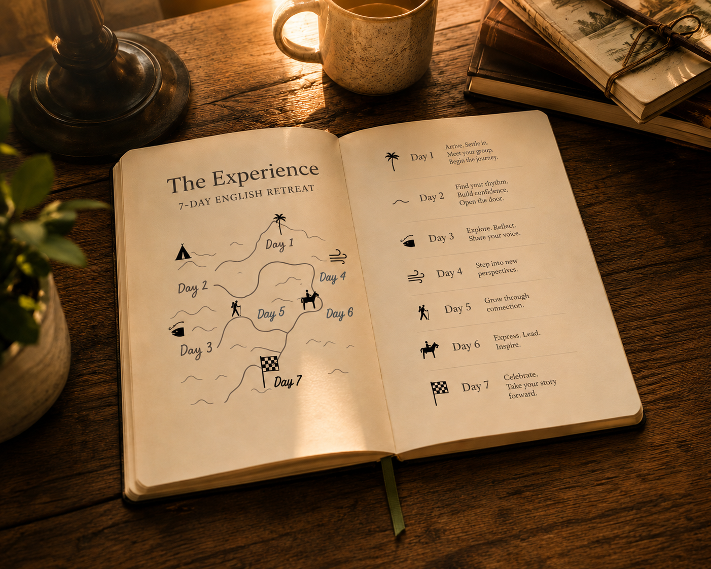 An open notebook titled 'The Experience: 7-Day English Retreat' shows a map on the left page with icons for each day and a list of daily activities on the right page. The notebook is on a wooden table illuminated by warm sunlight, with a mug, a candle, and a stack of books nearby.