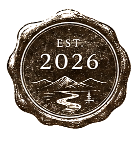 Vintage-style sticker with mountain scenery, a river, and a pine tree, featuring the text 'EST 2026'.