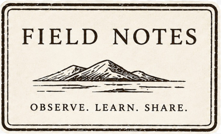 A beige, vintage-style sign with black text and a mountain illustration. The sign reads "FIELD NOTES" at the top and "OBSERVE. LEARN. SHARE." at the bottom.