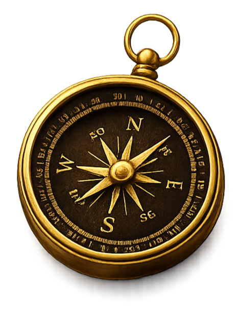 A gold pocket compass showing north, east, south, and west directions.