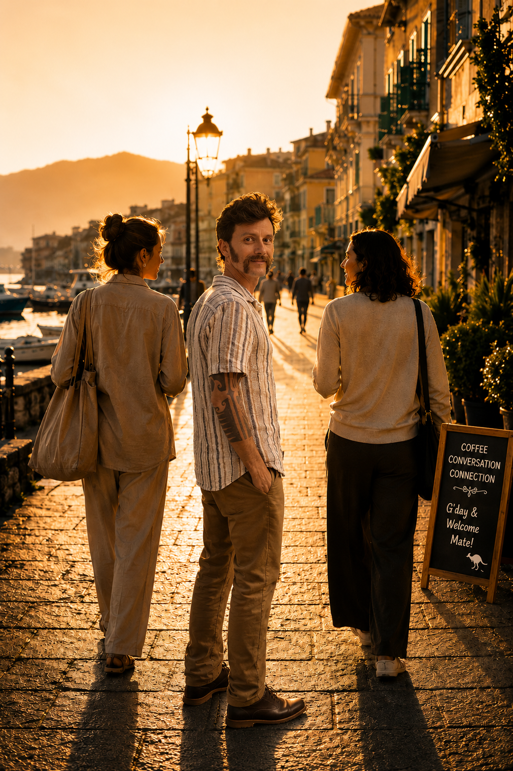 People walking along a waterfront promenade at sunset, JBY owner looking back towards the camera, and a sign advertising coffee, conversation, and connection.