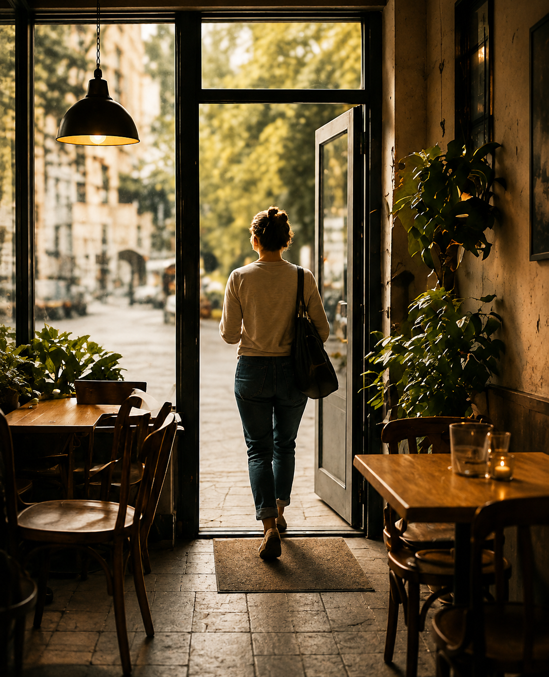 A woman with dark hair in a bun, wearing a beige sweater and jeans, walking out of a café through an open door into a sunny street, with green plants and wooden tables inside.