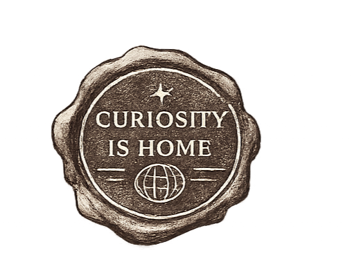 A round plaque or seal with the quote 'Curiosity is Home' and a small globe icon underneath, surrounded by a textured border.
