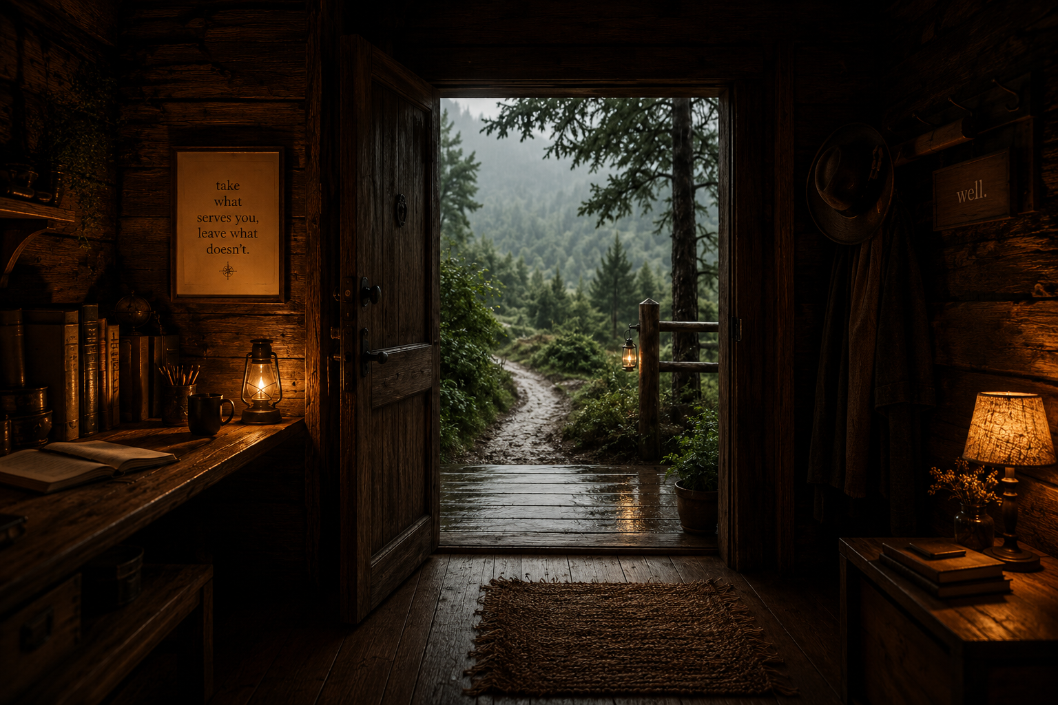 View from inside a rustic wooden cabin looking out onto a forested trail, with dim warm lighting from lamps and a lantern inside.