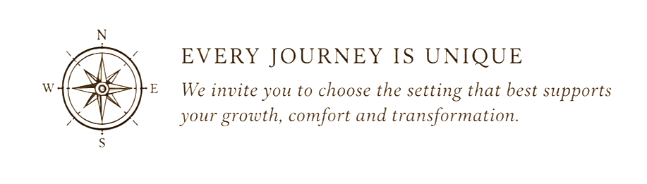 A graphic with a compass illustration on the left and the text 'Every Journey Is Unique' on the right, along with the message 'We invite you to choose the setting that best supports your growth, comfort and transformation.'