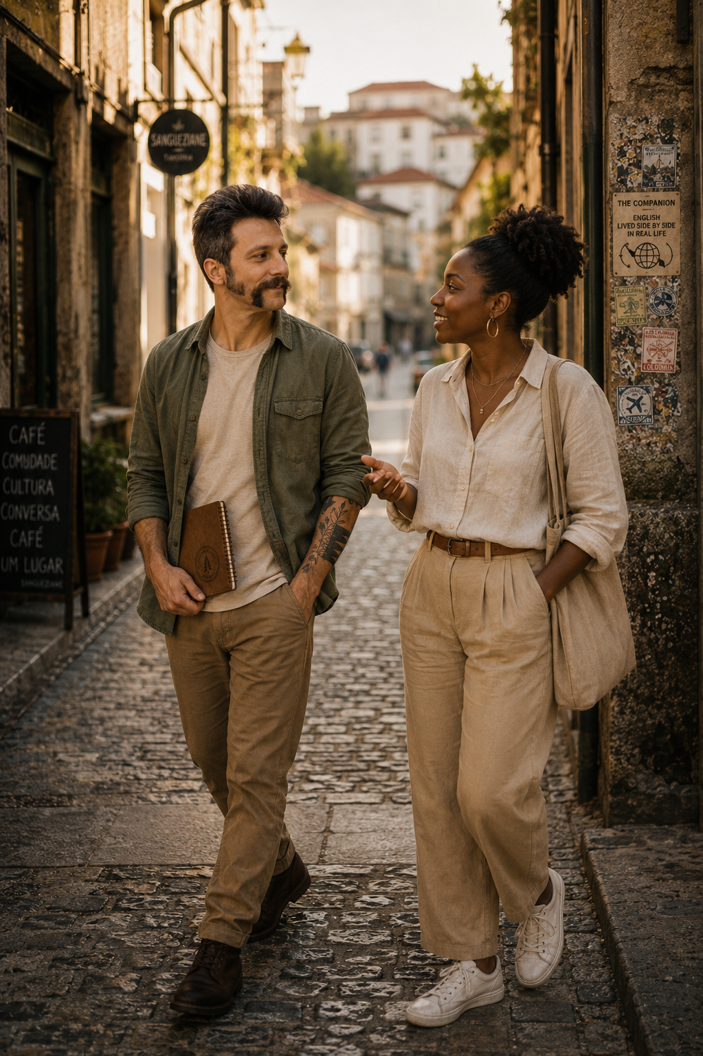 JBY man (AI created) and woman walking and conversing on a cobblestone street in a European city during daytime, with buildings and signage in the background.