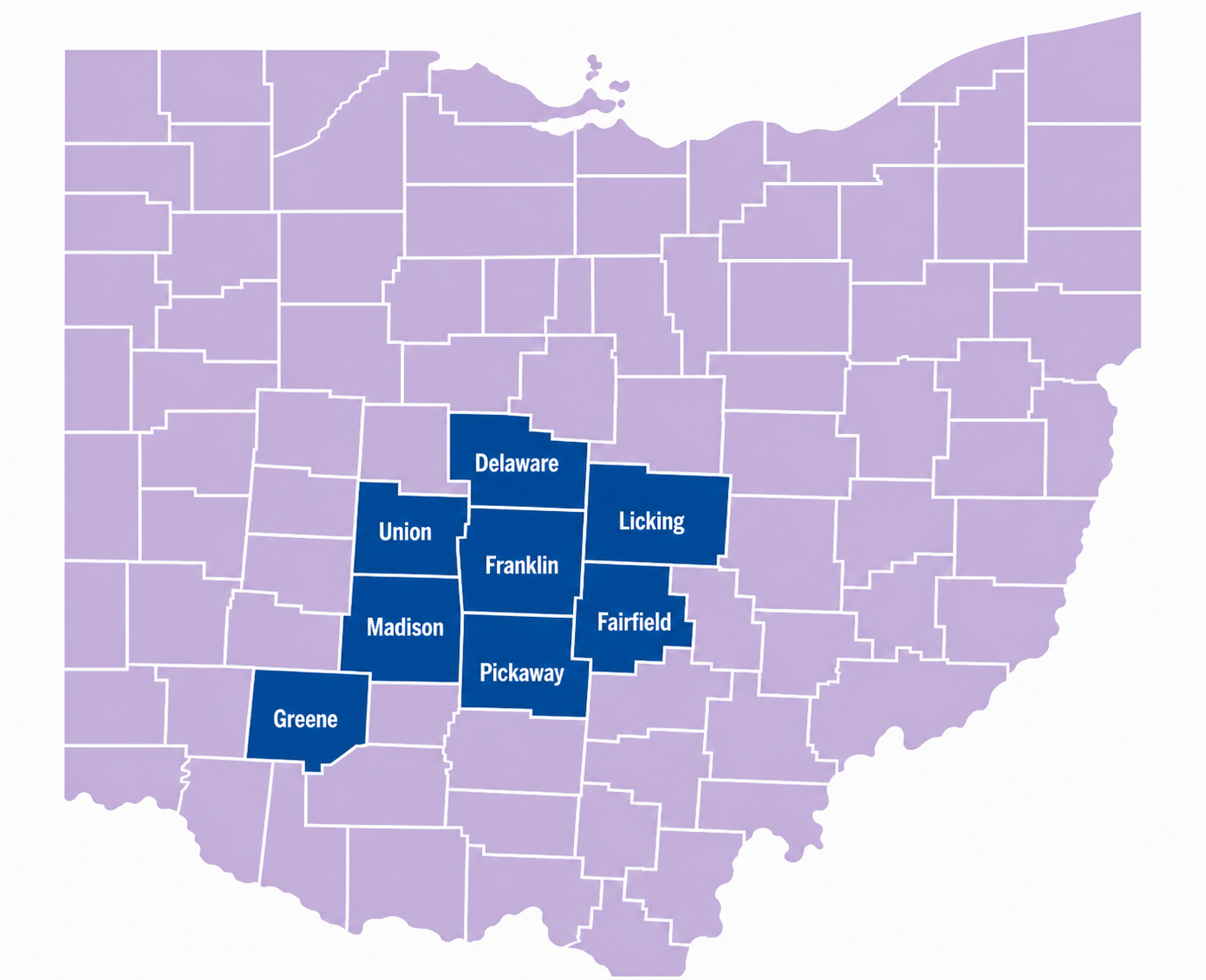 A map highlighting the service areas across Central Ohio counties