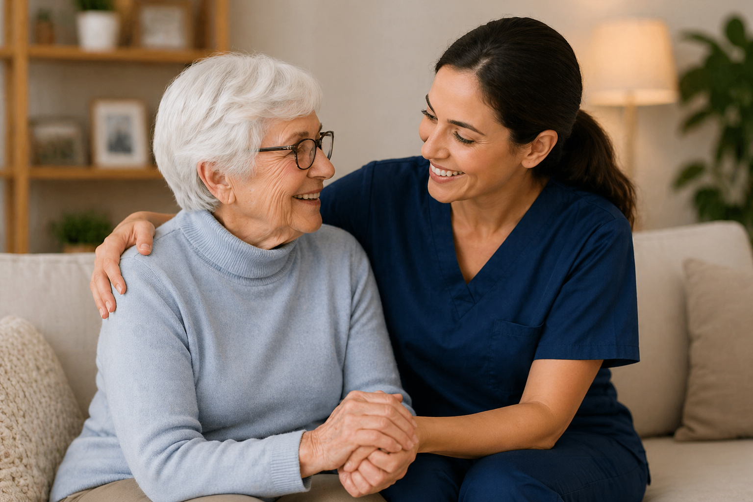 A caregiver offering emotional support and connection to a senior in a home setting