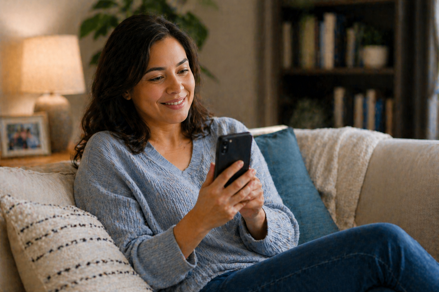 An individual comfortably using a mobile device in a safe and familiar home environment