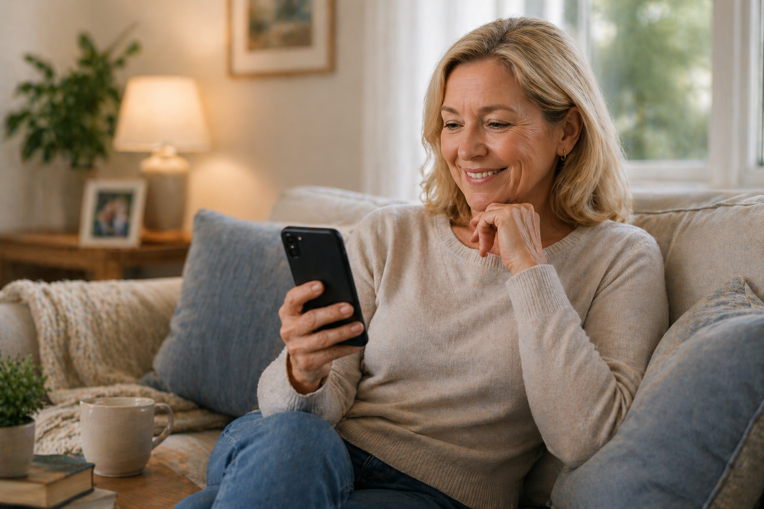 An individual staying connected through technology in a relaxed home environment