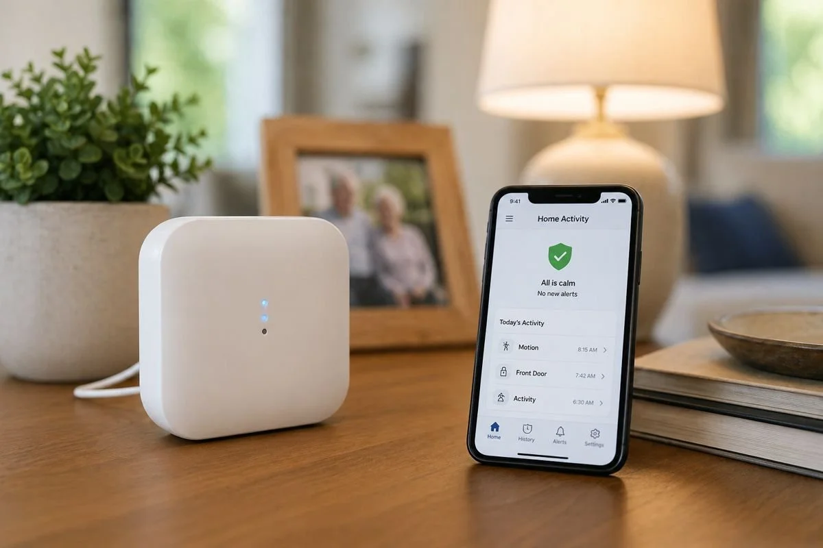 Smart home device used to monitor loved ones.  Without the use of microphones or cameras