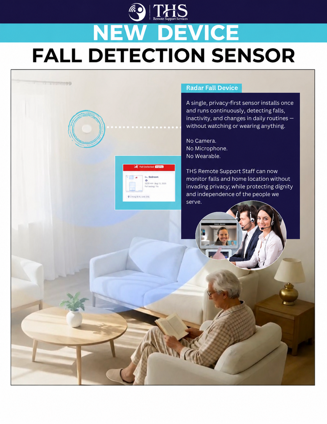 Poster describing a new fall detection sensor device with a living room scene showing a senior person sitting on a couch and a radar-based fall detection device monitored remotely.