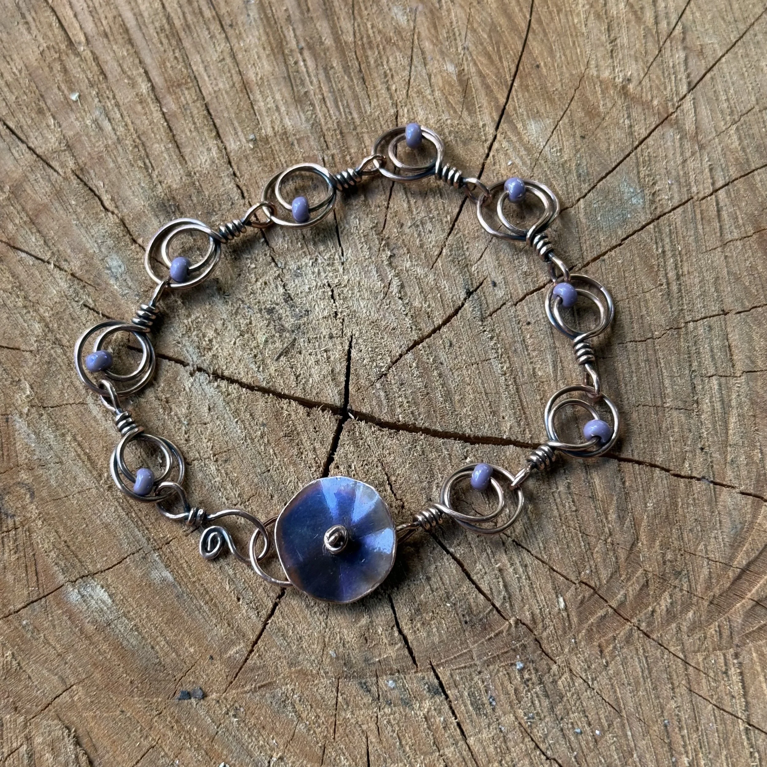 Artisanal Copper Wire Bracelet with Purple Beads
