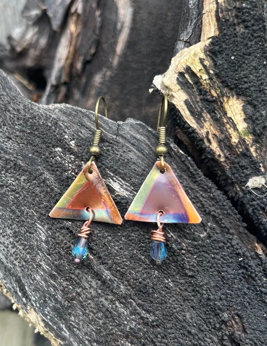 Rustic Copper Triangle Earrings with Blue Beads