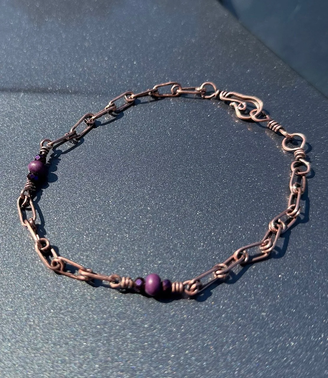 Vintage Copper Chain Bracelet with Purple Beads