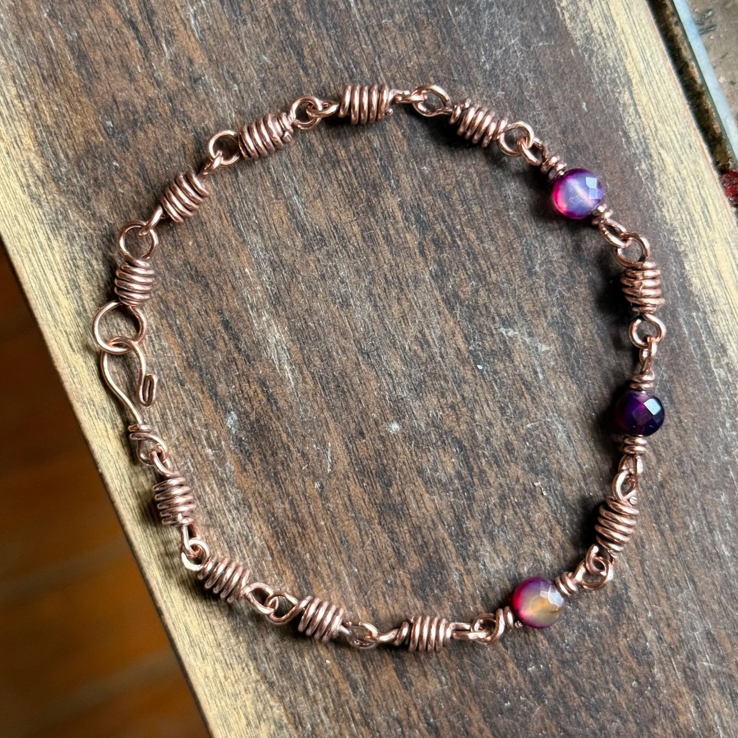 Handcrafted Copper Barrell Link Bracelet with Vibrant Beads