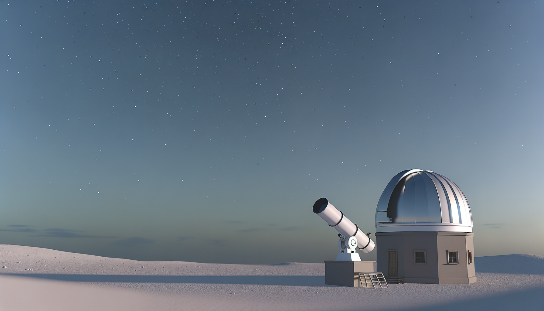 A telescope and observatory dome on a snow-covered landscape under a starry night sky.