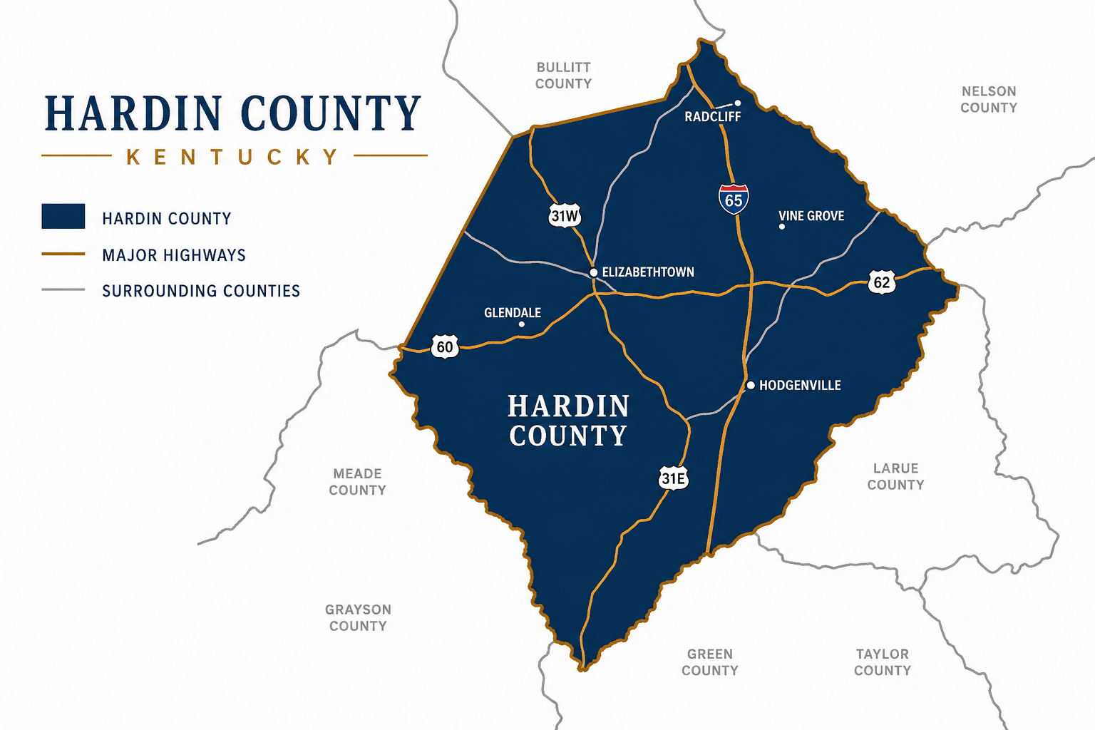 Map of Hardin County, Kentucky, highlighting major highways in orange and surrounding counties in gray, including locations such as Radcliff, Vine Grove, Hodgenville, Glendale, and Elizabethown.