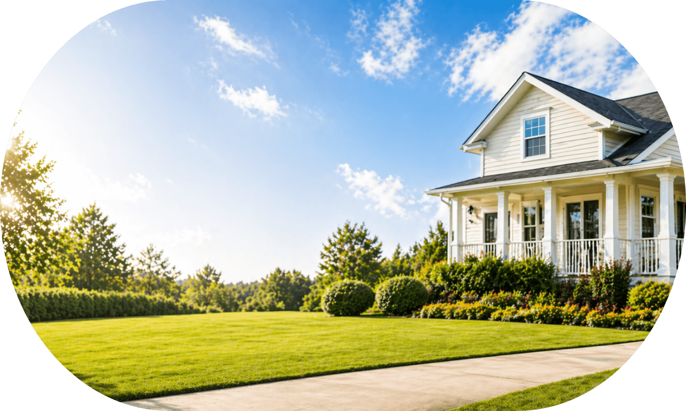 A white house with a wraparound porch surrounded by lush green landscaping, trees, and a bright blue sky with scattered clouds.