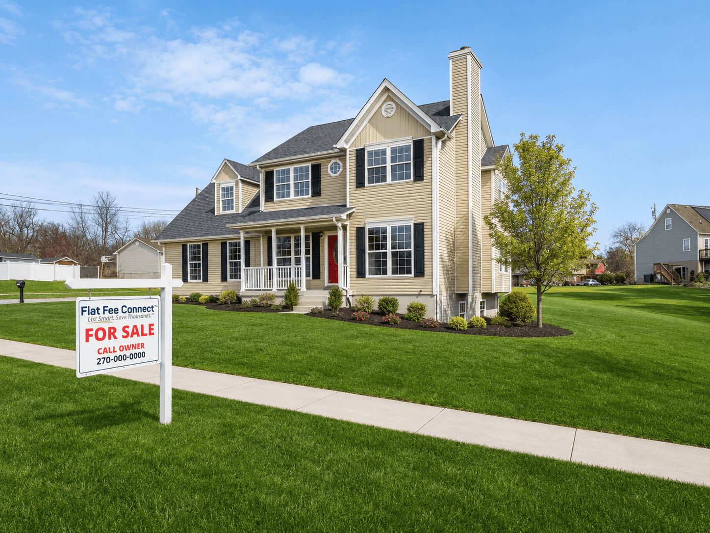 A two-story yellow house with black shutters and a red front door, surrounded by a well-manicured lawn and a sidewalk, with a "For Sale" sign in the front yard.
