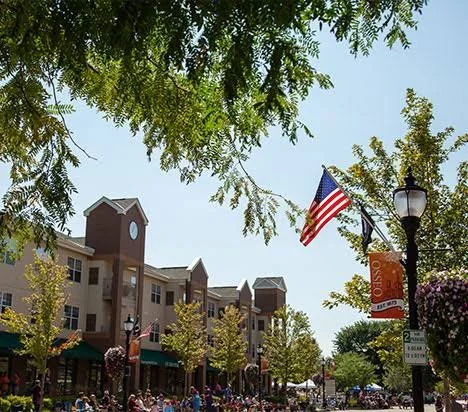 A street scene with trees, an American flag, a lamp post, and a building with multiple windows, with people walking and shopping in the area.
