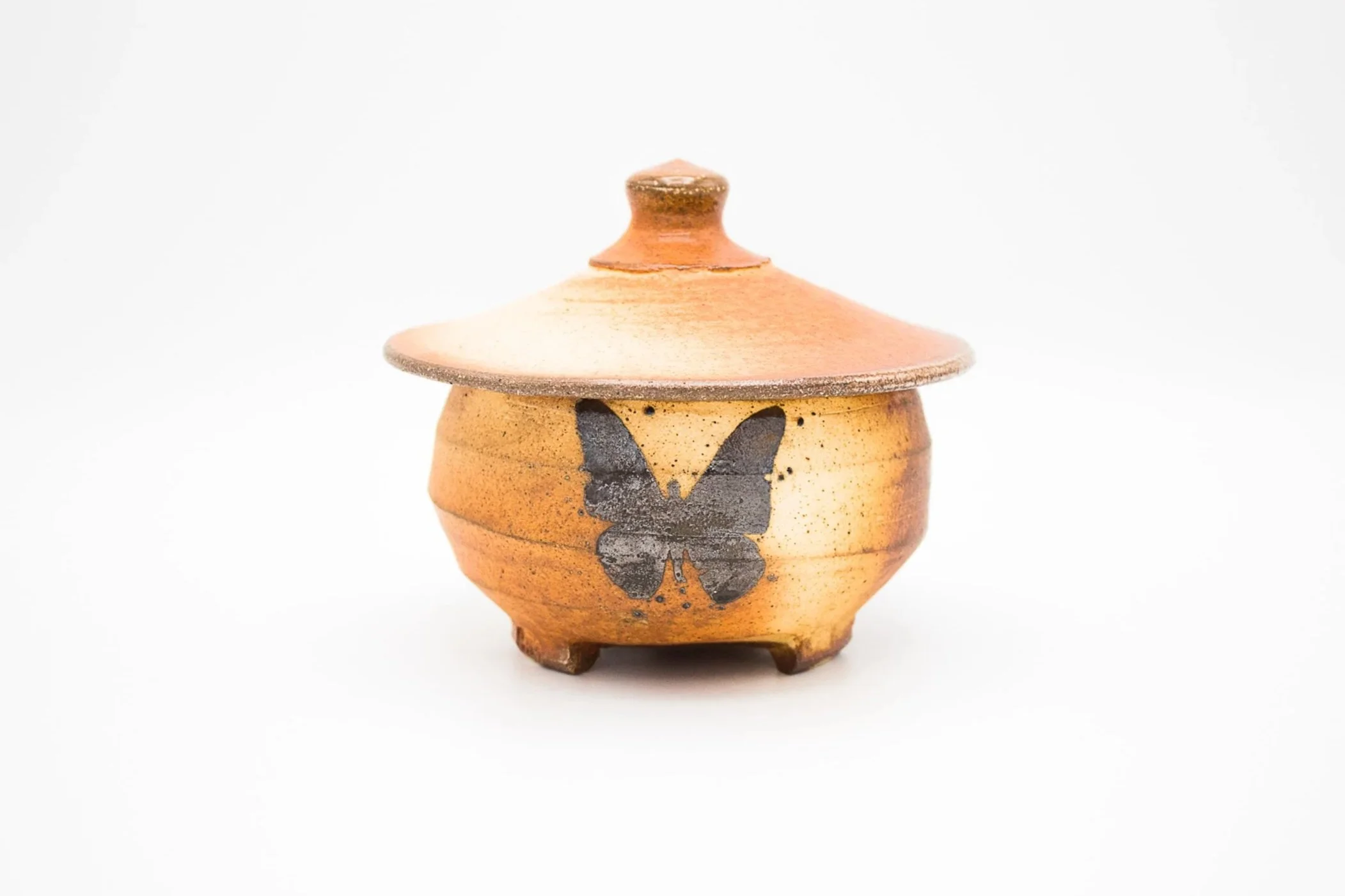 Butterfly Jar, stoneware, flashing slip, underglaze, soda fired, (5 x 5 x 5 in), 2023.