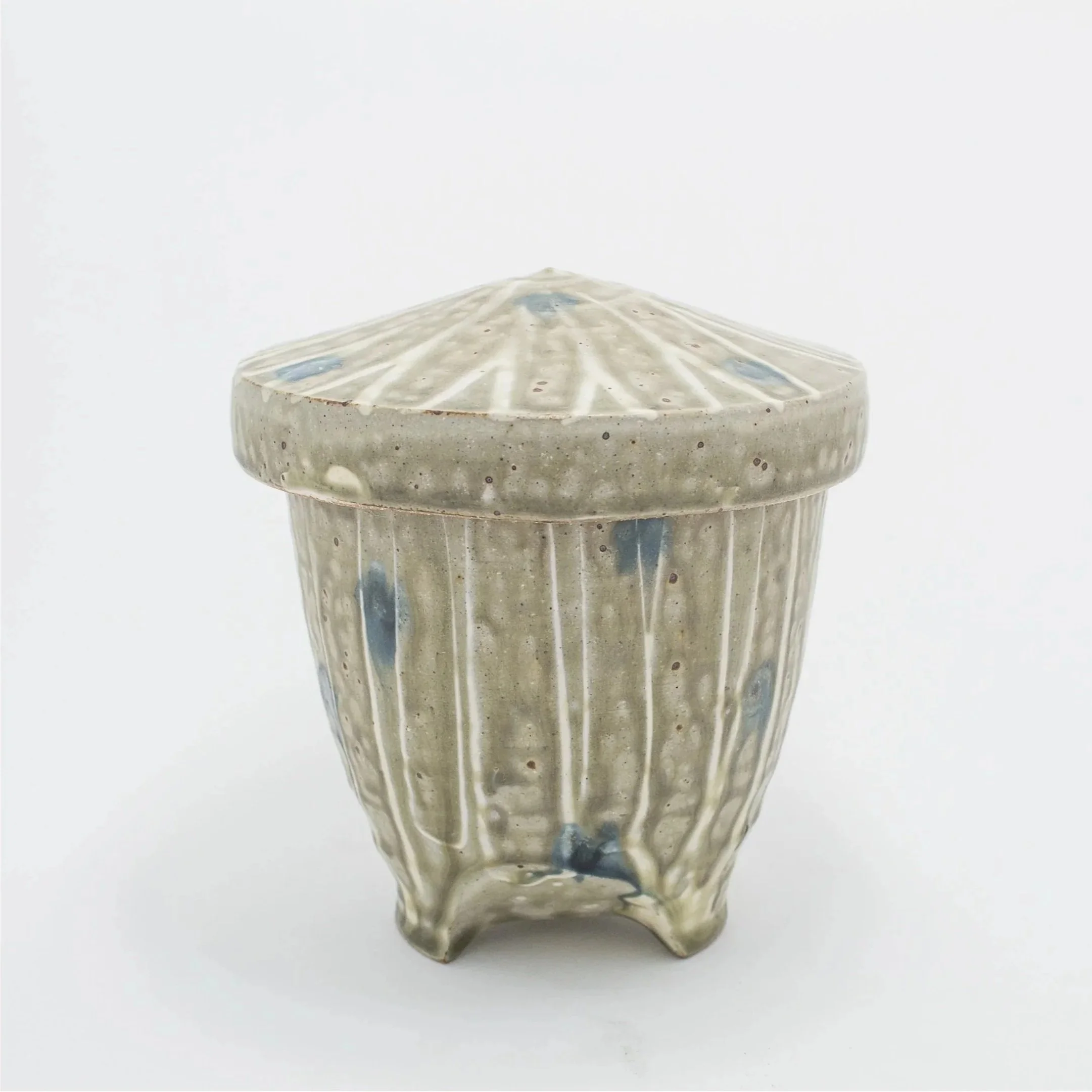 Cap Jar, ash glaze, white slip, underglaze, gas fired, (7 x 7 x 9 in), 2023.