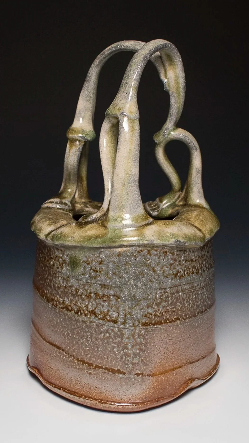 Insect Basket #1, stoneware, flashing slip, soda-fired, (5 x 5 x 10 in), 2024.