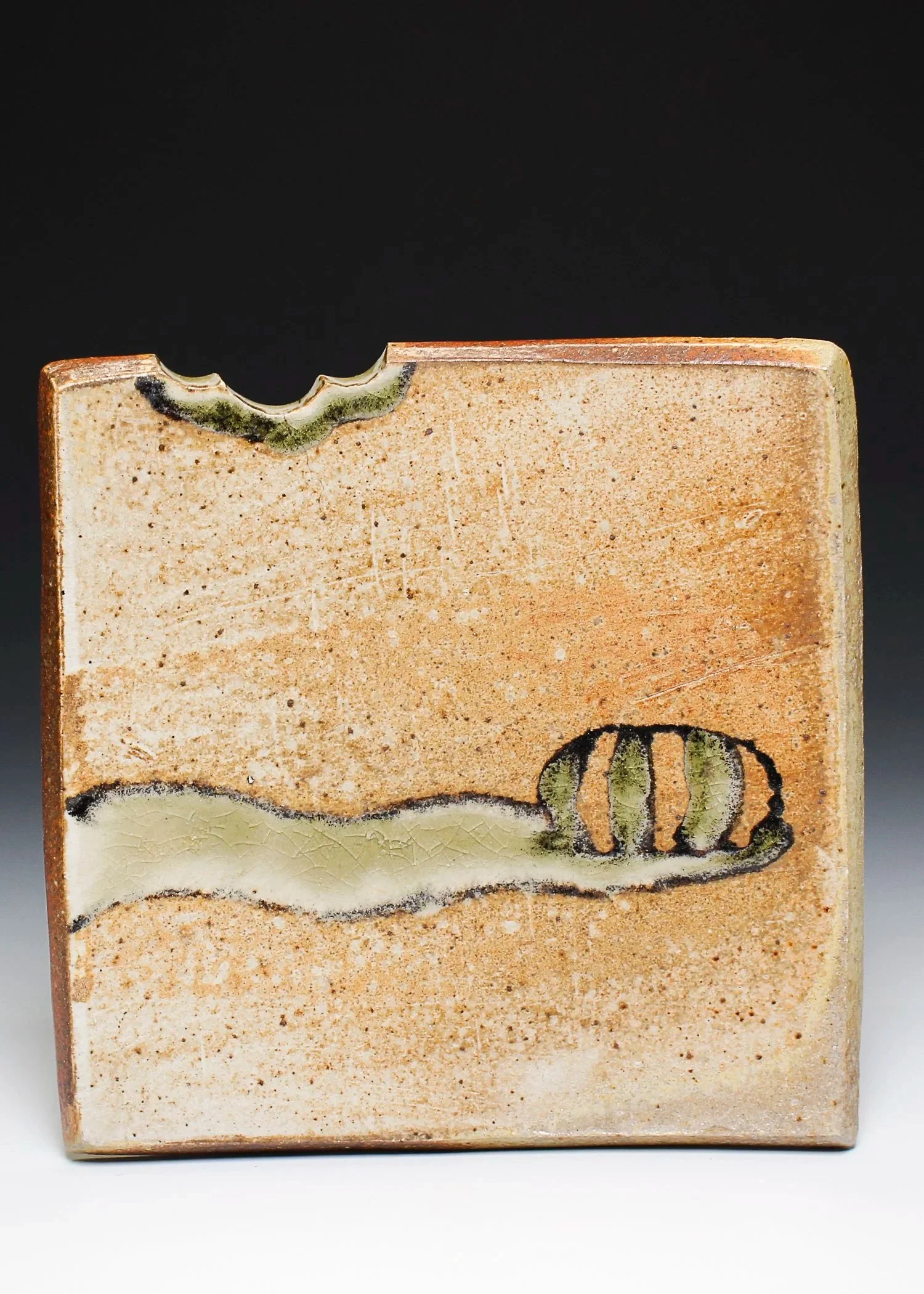 Bug Trail Plate, porcelaneous stoneware, white slip, ash glaze, underglaze, wood fired, (6 x 6 x 2 in), 2025