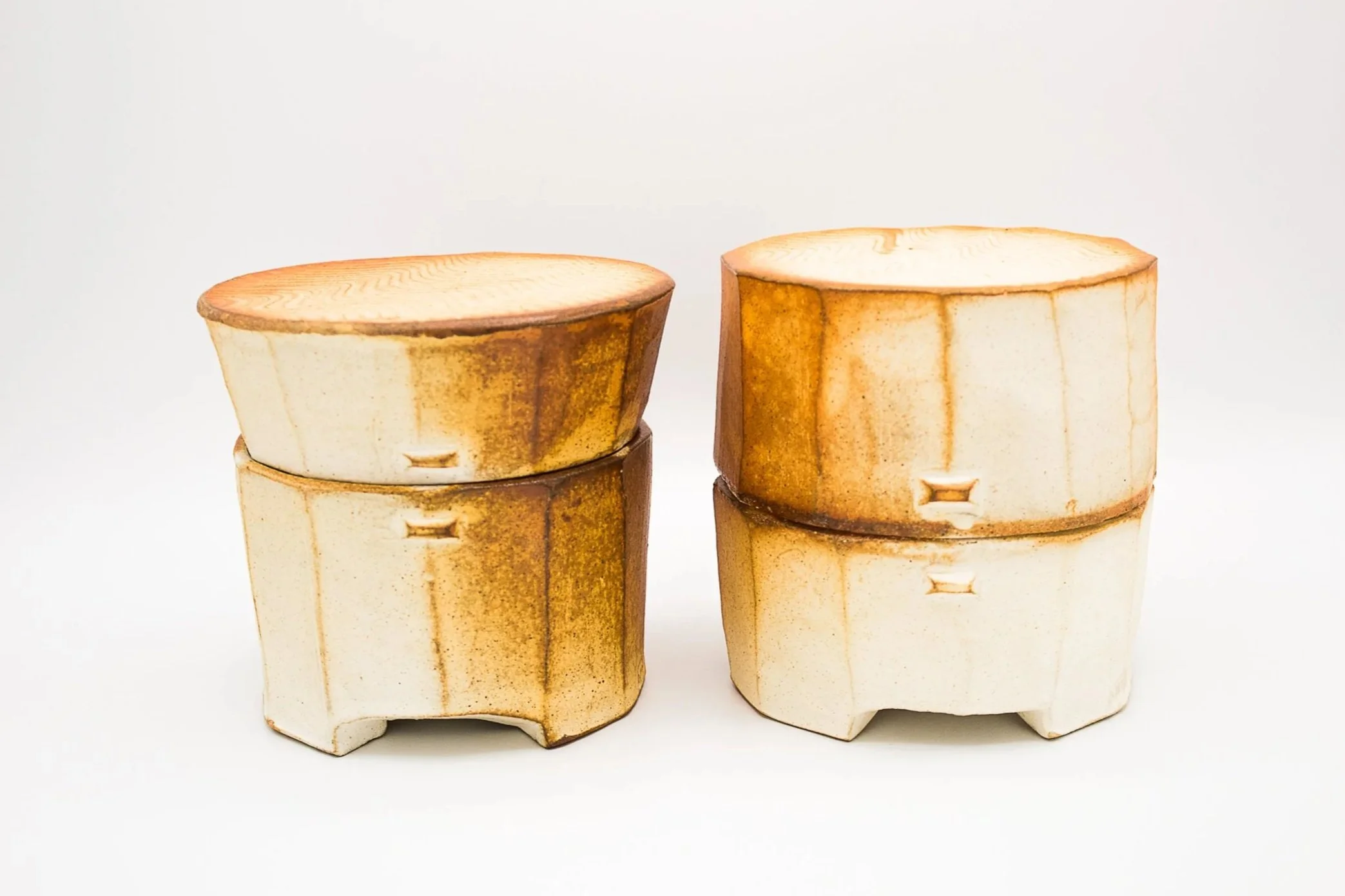 Faceted Jars, stoneware, flashing slip, (6 x 6 x 8 in), 2022.