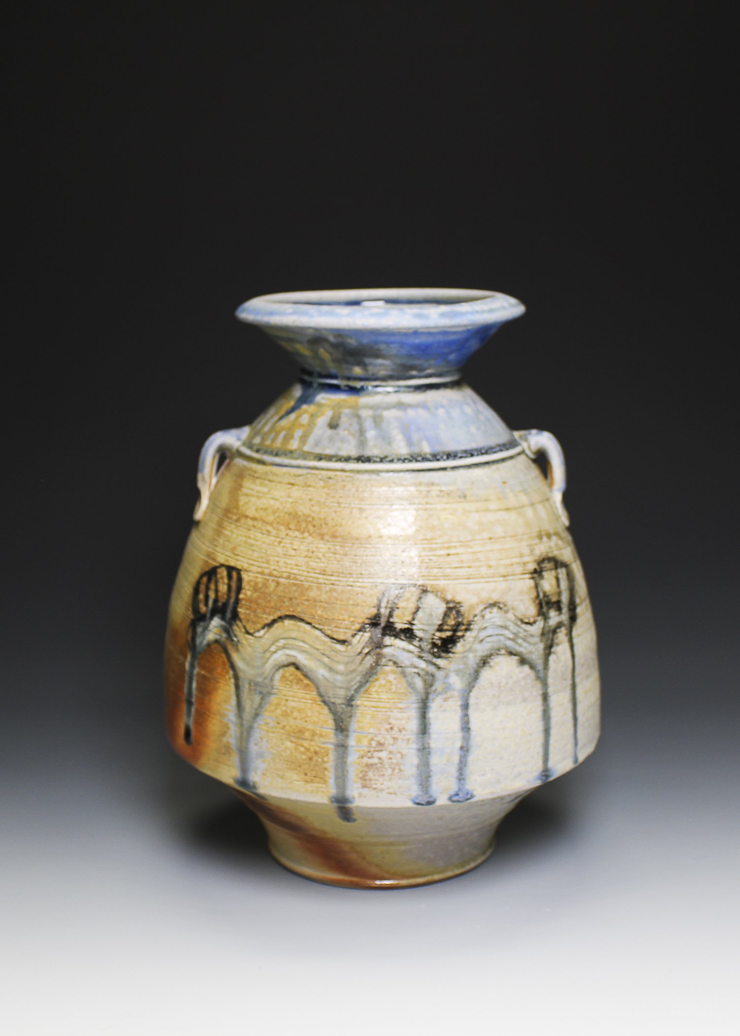 Bug Trail Vase, porcelaneous stoneware, flashing slip, ash glaze, underglaze, wood fired, (10 x 10 x 16 in), 2025.