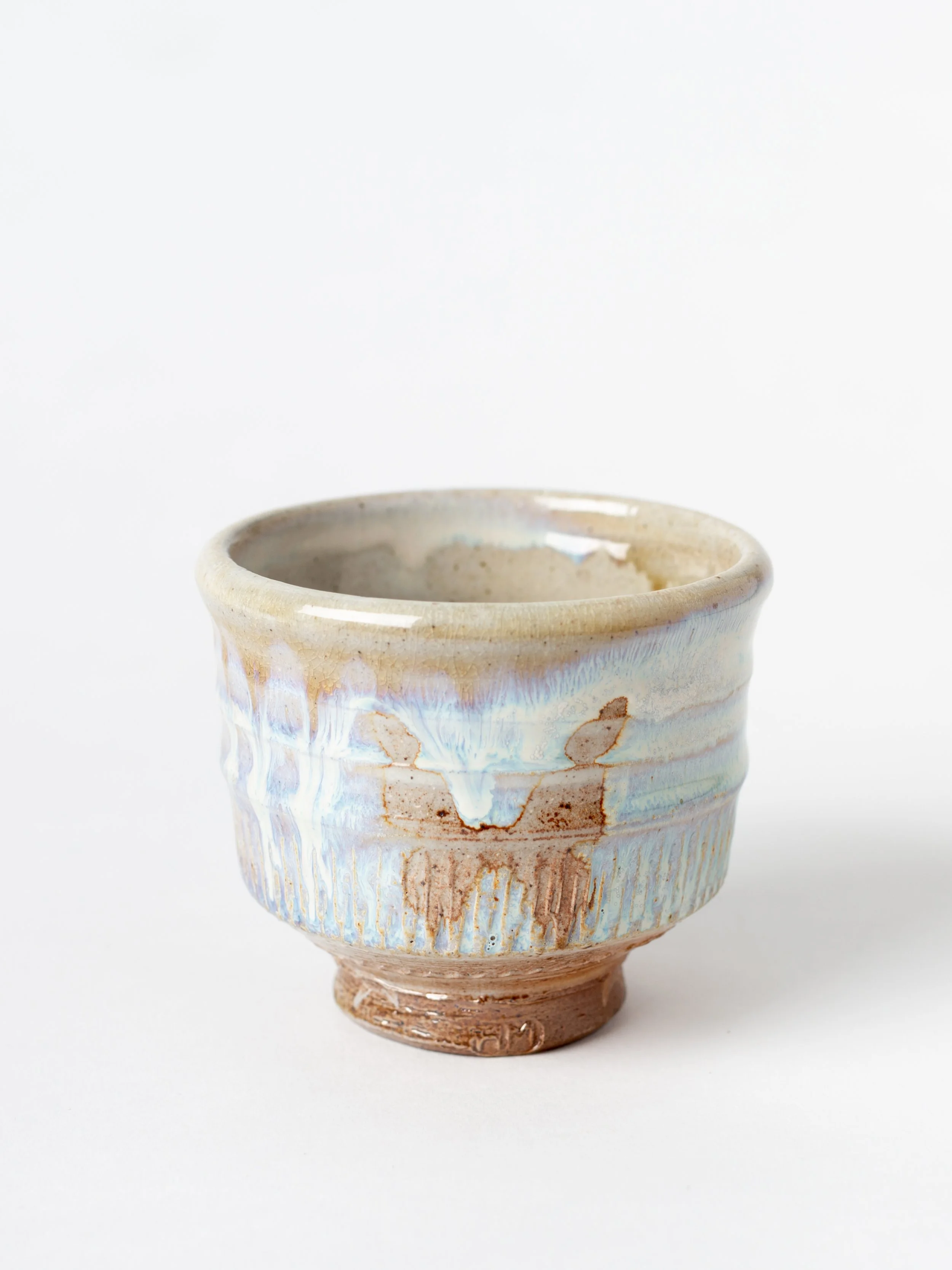 Butterfly Yunomi #3, stoneware, flashing slip, rutile glaze, wood fired, (4 x 4 x 4 in), 2022.