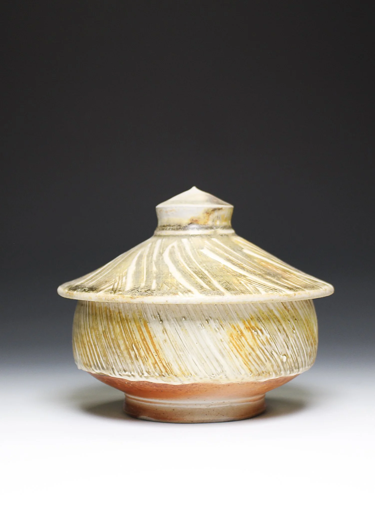Pagoda Jar #2, porcelaneous stoneware, porcelain slip, ash glaze, wood fired (6 x 6 x 6 in), 2025.