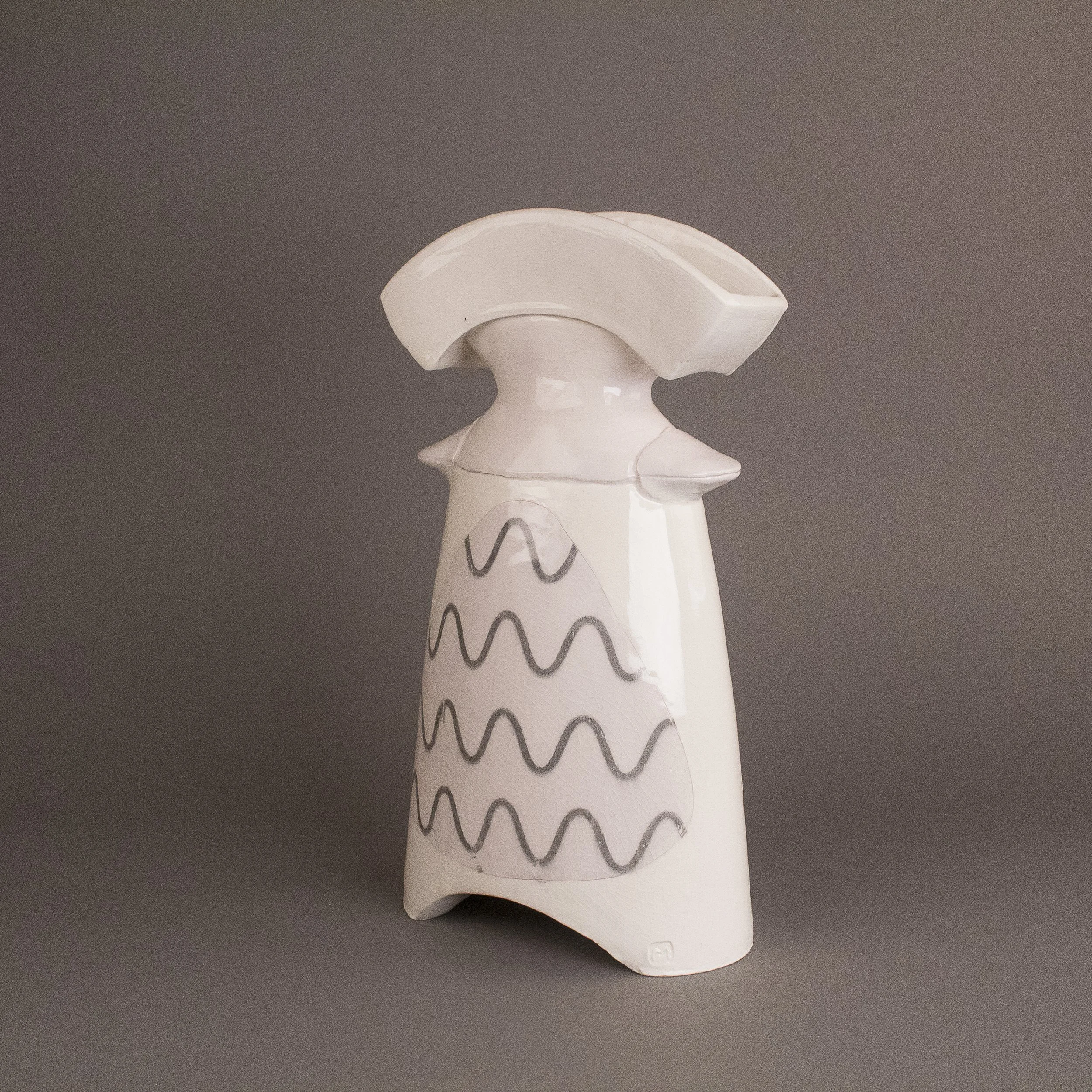 Vase, porcelain, pink slip, screen print transfer, gas fired, (9 x 4 x 12 in), 2023.