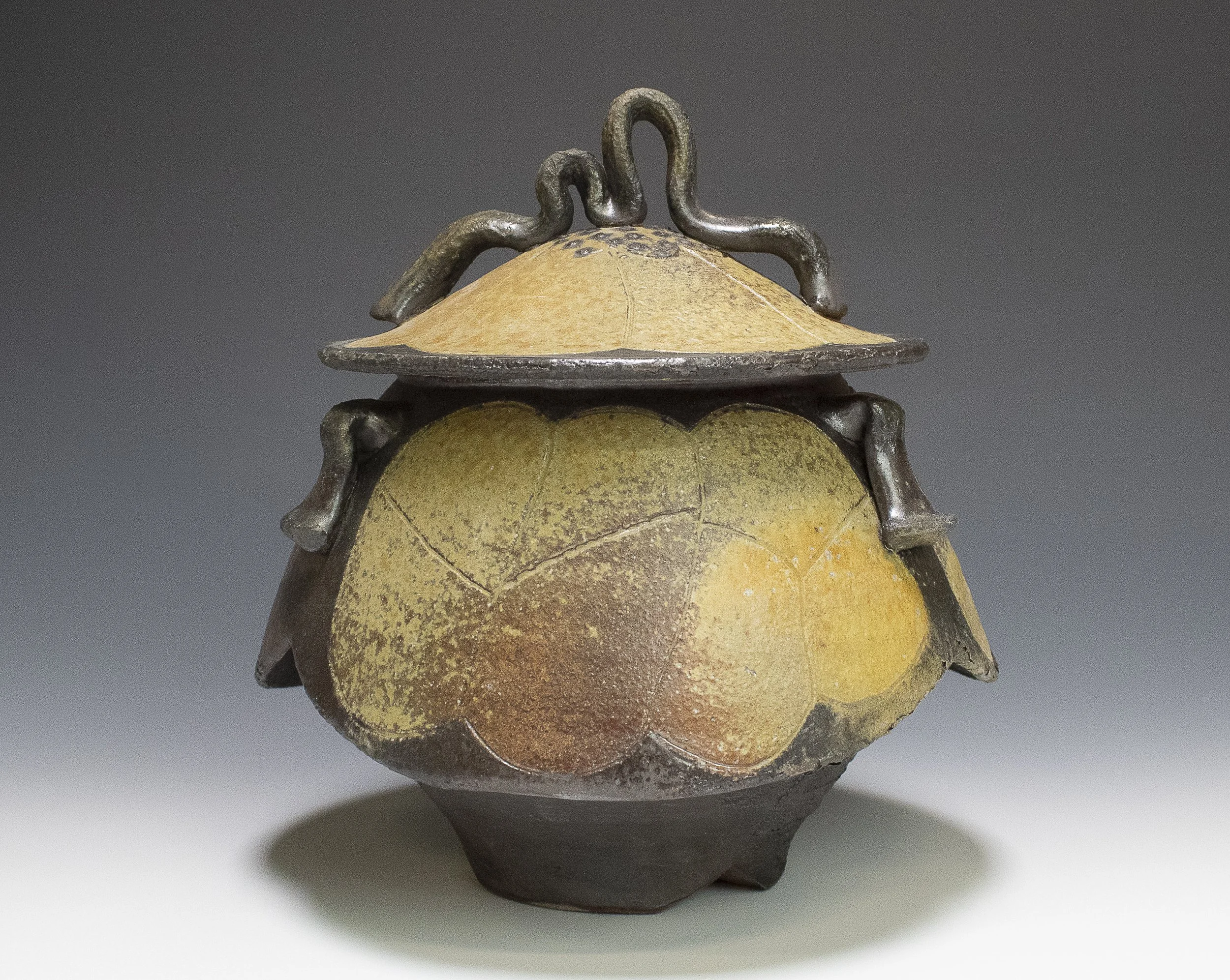 Cicada Jar #1, stoneware, black slip, wood-fired, 2026, (8 x 8 x 10 in), 2024.