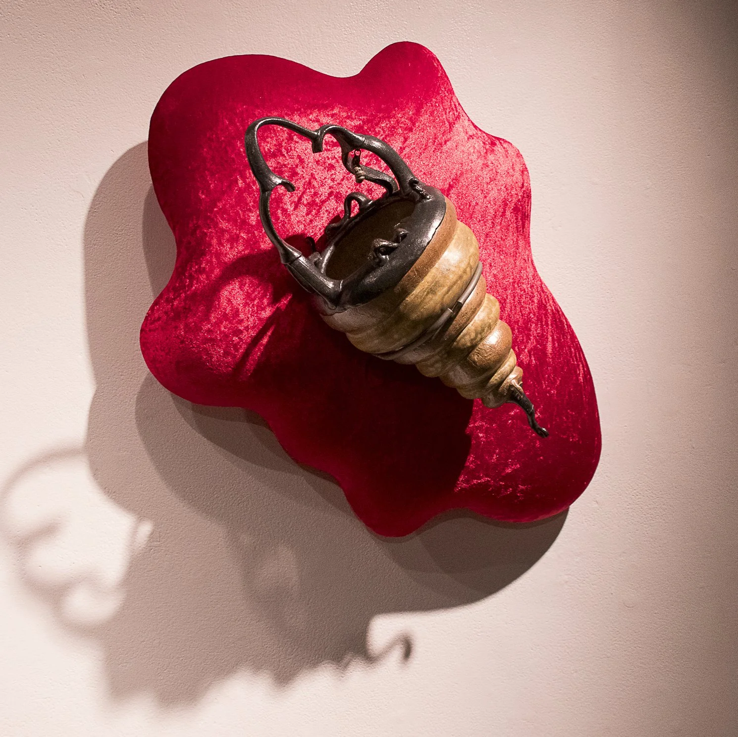 Basket, ceramic, red velvet, plywood, steel rod, upholstery foam, 23 x 29 x 9, 2025