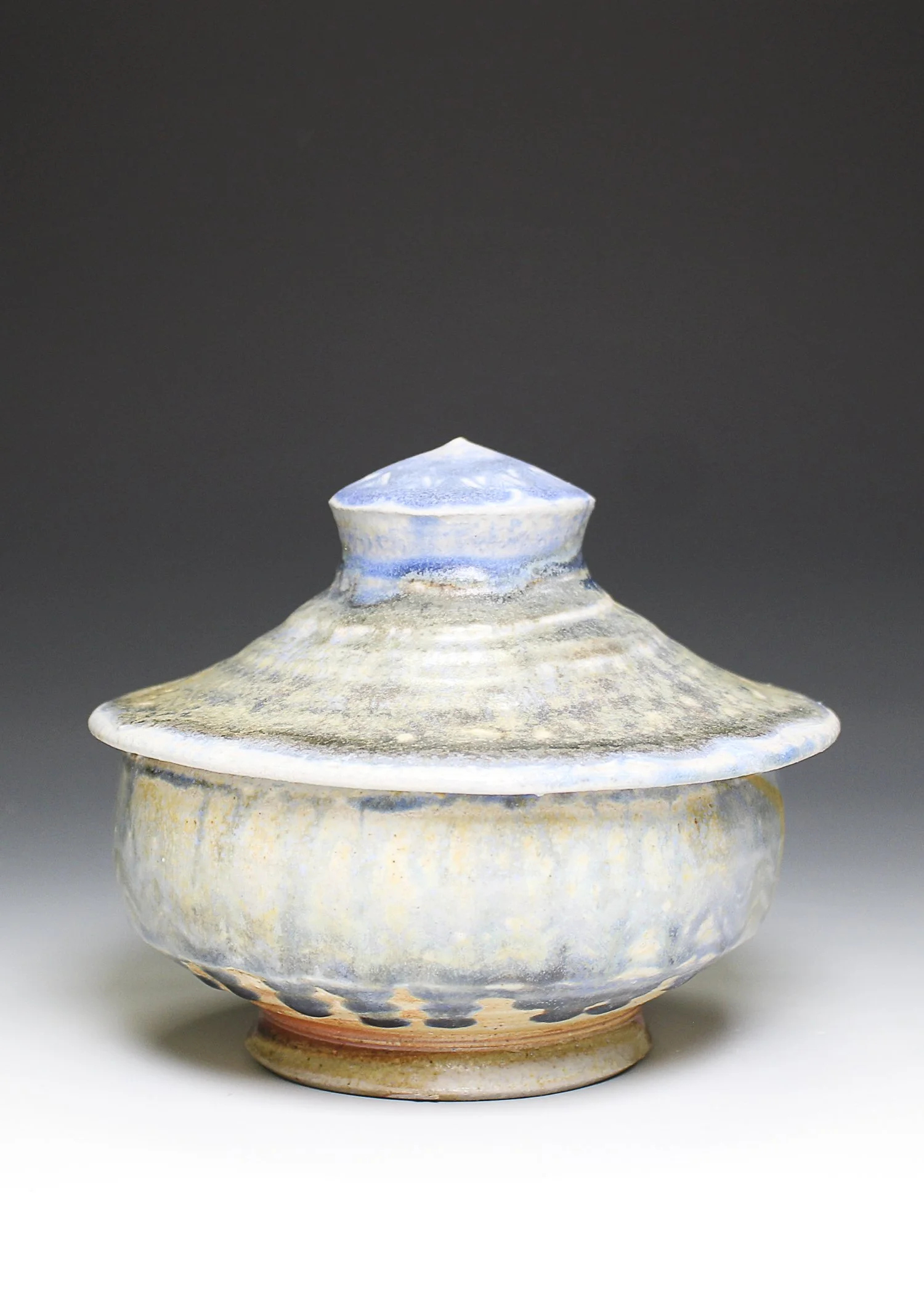 Pagoda Jar #3, porcelaneous stoneware, porcelain slip, ash glaze, wood fired (6 x 6 x 6 in), 2025.