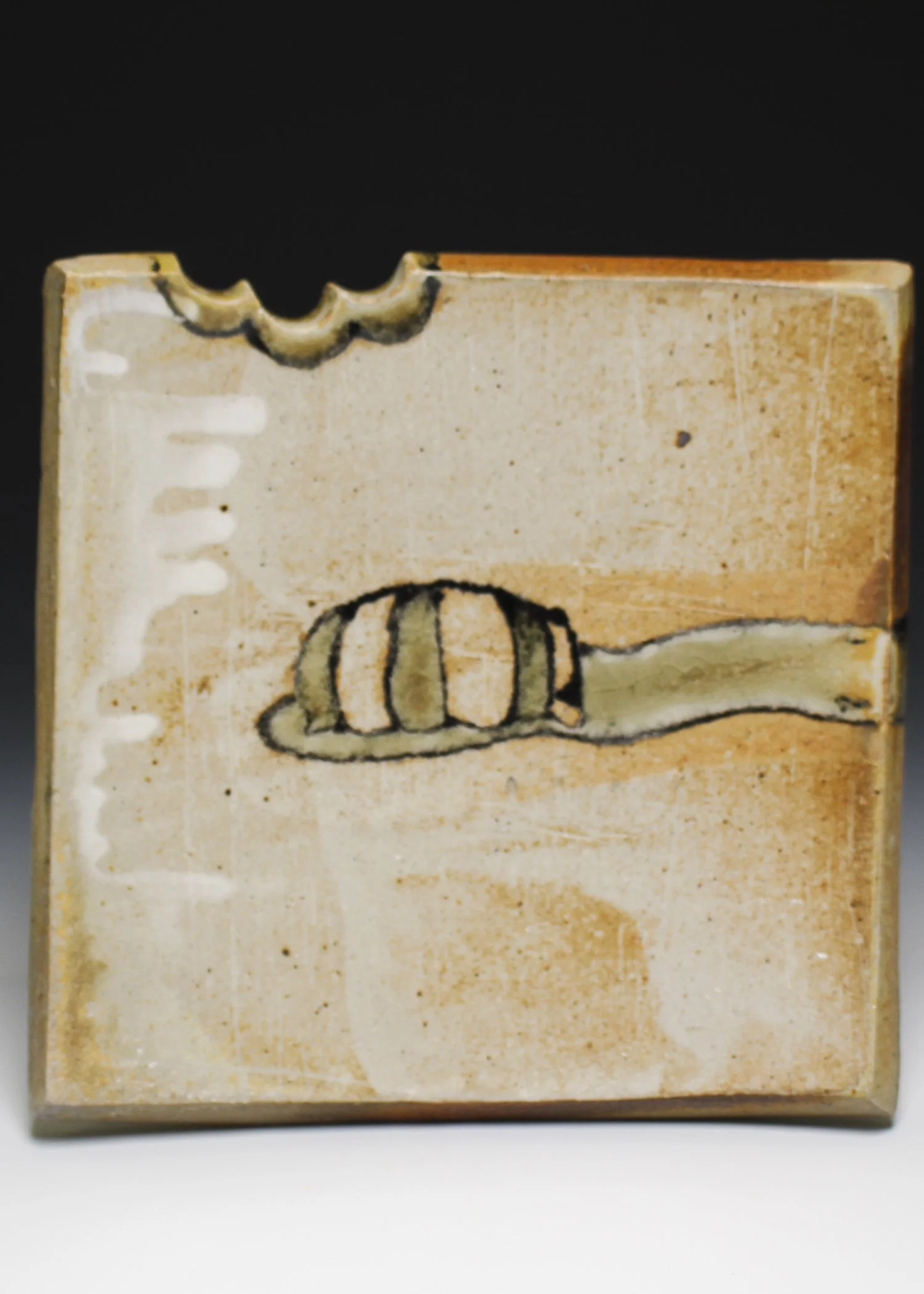 Bug Trail Plate #2, porcelaneous stoneware, white slip, ash glaze, underglaze, wood fired, (6 x 6 x 2 in), 2025