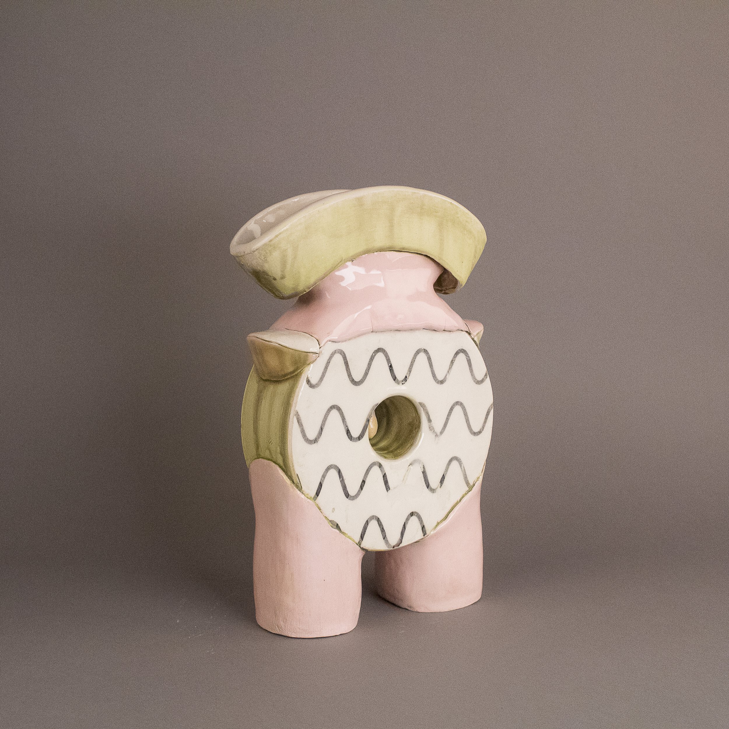 Vase, porcelain, pink slip, underglaze, screen print transfer, gas fired, (9 x 4 x 12 in), 2023.