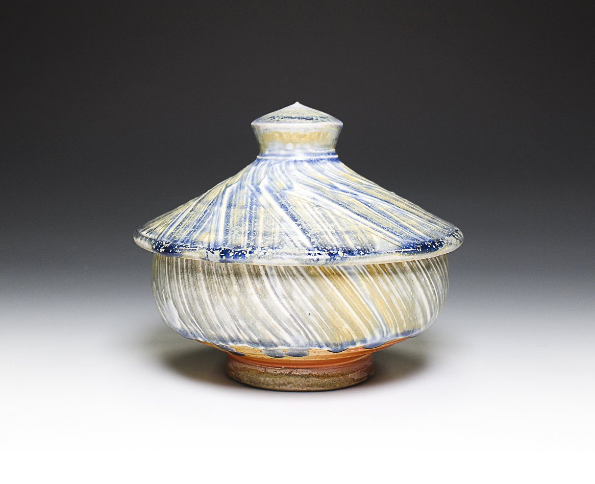 Pagoda Jar, porcelaneous stoneware, porcelain slip, ash glaze, wood-soda fired, (6 x 6 x 6 in), 2025.