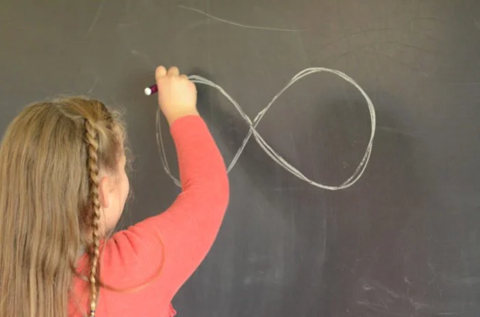 A young girl with long blond hair wearing a red long-sleeve shirt drawing an infinity symbol on a black chalkboard with white chalk.