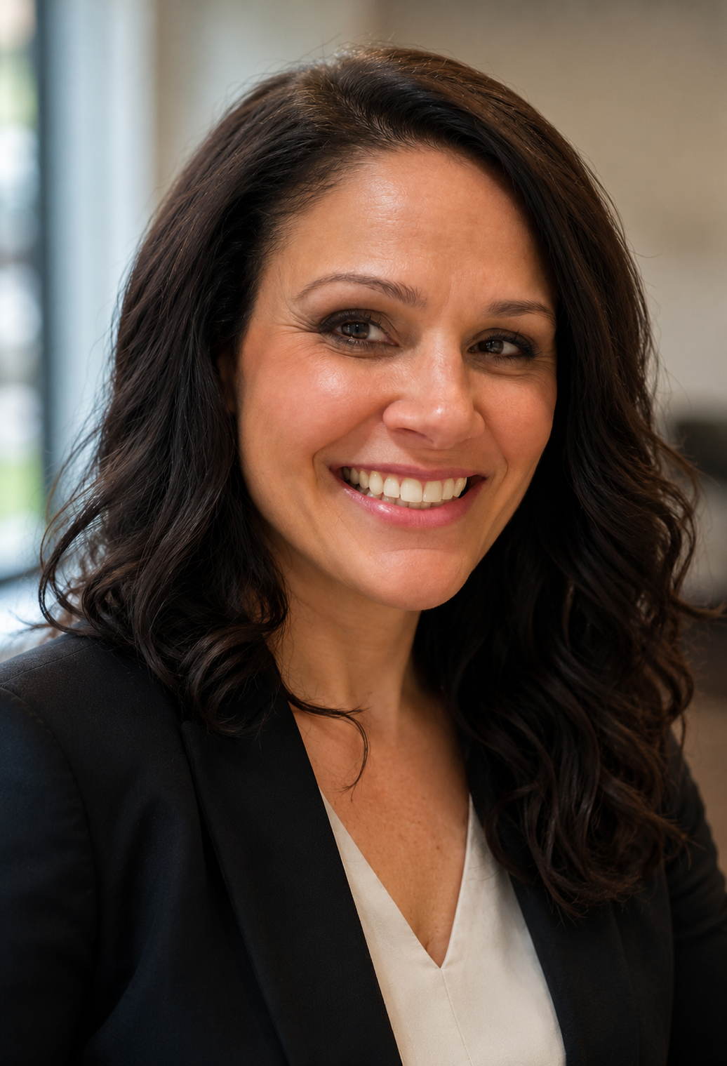 A smiling woman with dark, wavy hair wearing a black blazer and a white top, in an indoor setting with a blurred background.